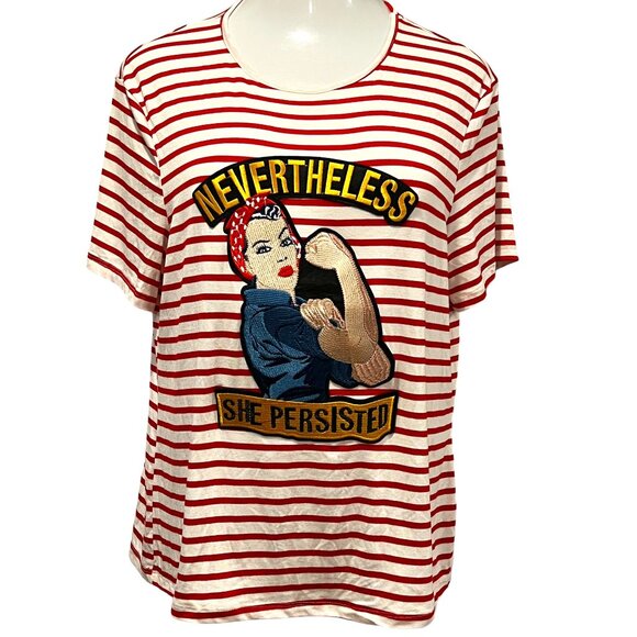 Melissa Masse 'Rosie the Riveter' Striped T-Shirt, USA, Red White, 1X - Picture 1 of 11